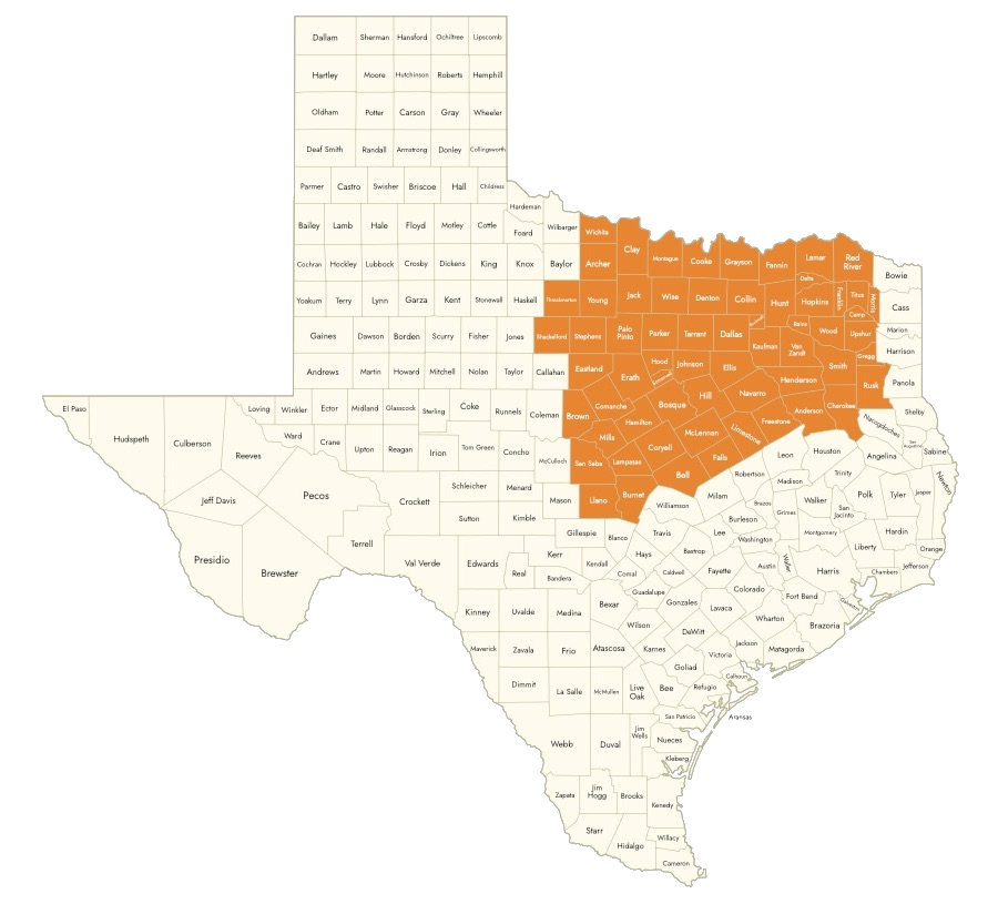 Map of Texas with Sean Kirkpatrick Real Estate's North Central Texas service area highlighted